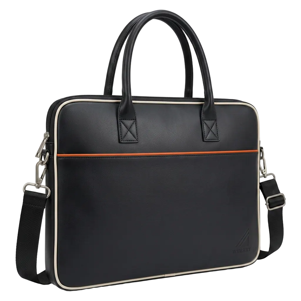 Wherry laptop bag in Black, at a three-quarter angle with the shoulder strap