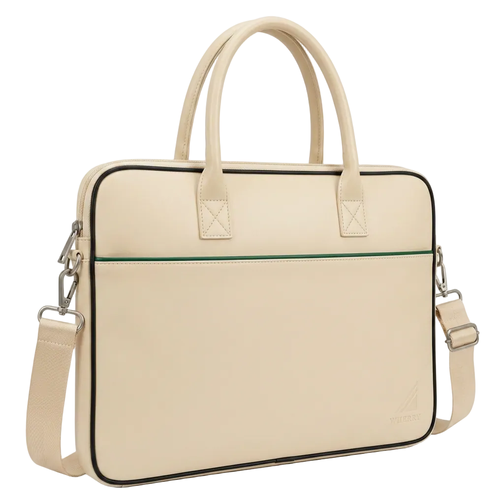 Wherry laptop bag in Cream, at a three-quarter angle with the shoulder strap