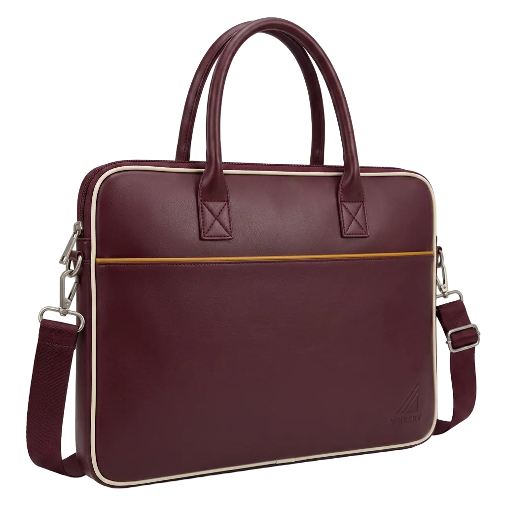 Wherry laptop bag in Maroon, at a three-quarter angle with the shoulder strap
